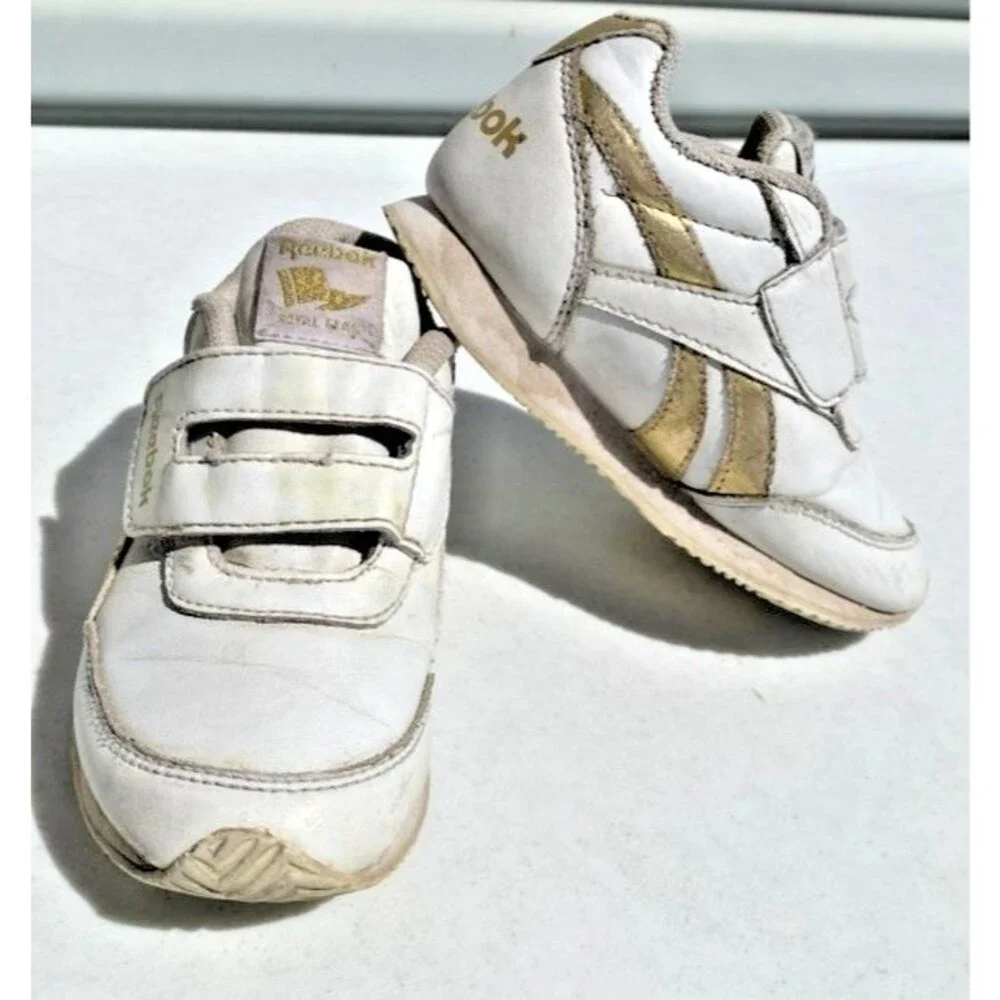Reebok Toddlers Sz 9 Shoes Sneakers Classic Leather Step Flash White/Gold Straps